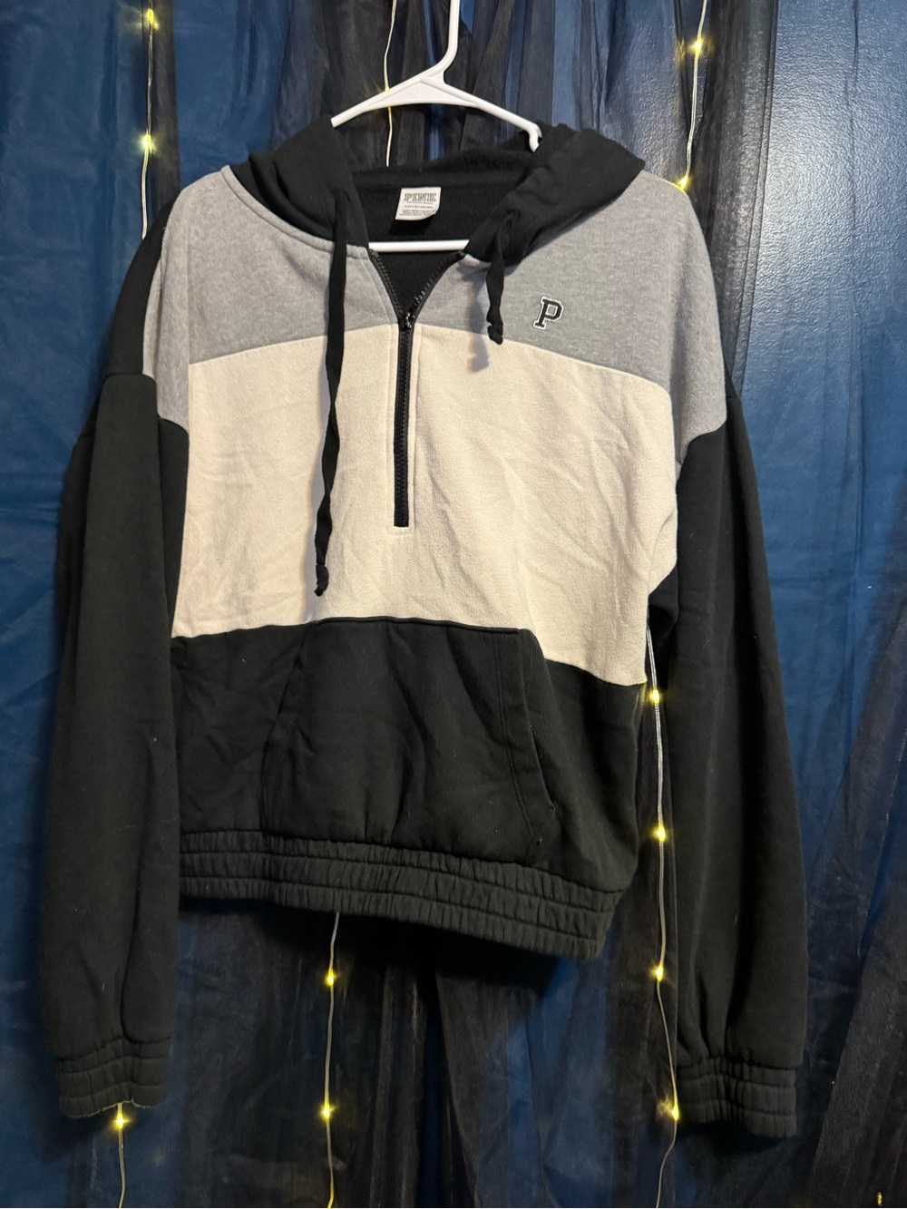 PINK Victoria's Secret Black, Gray & Cream Colorblock Half-Zip Hoodie